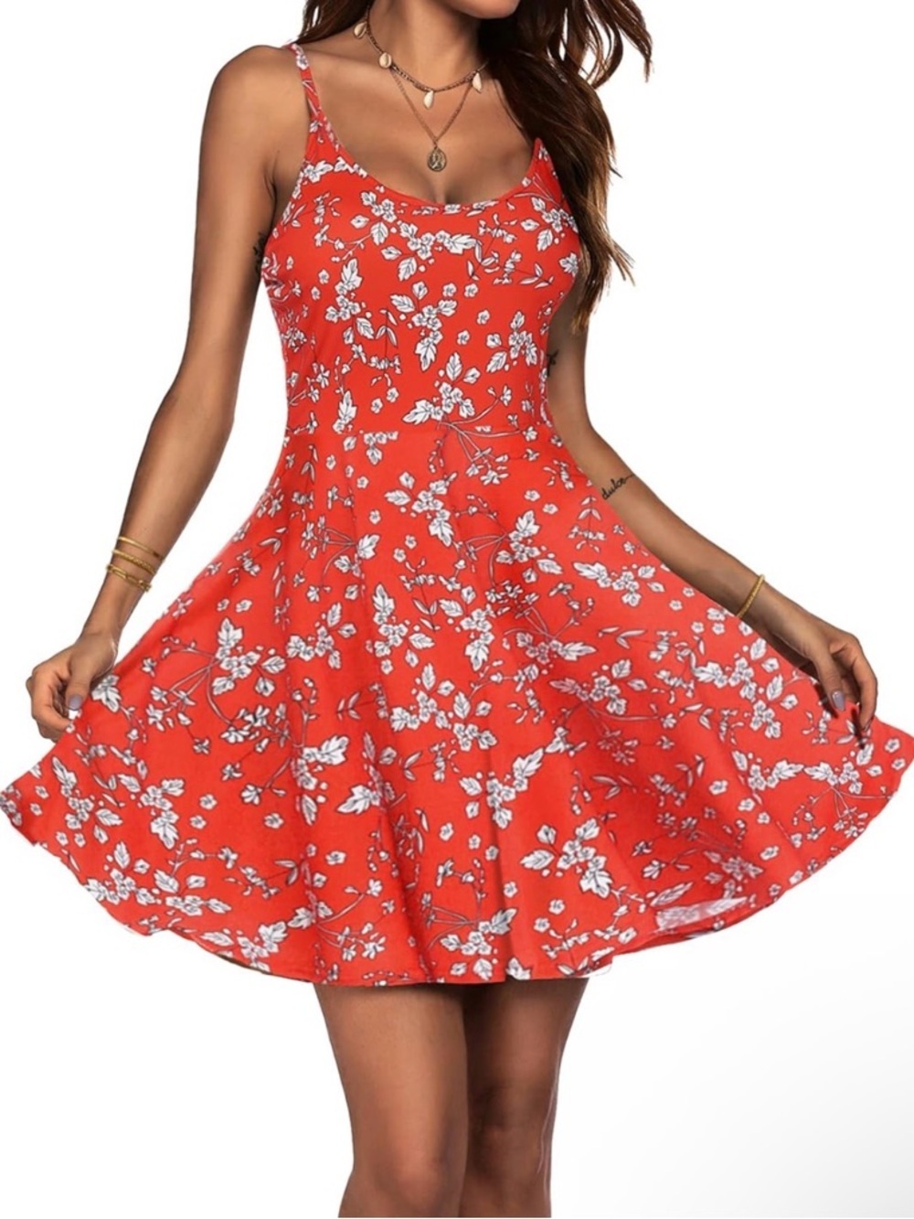 Cherry Red Floral Skater Mini Dress Picnic Summer Twirl Spaghetti Strap L